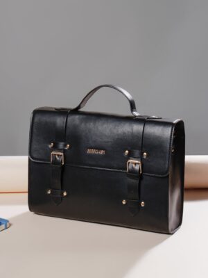 Solid Black Synthetic Leather Detachable Sling Strap Buckle-Up Laptop Bag