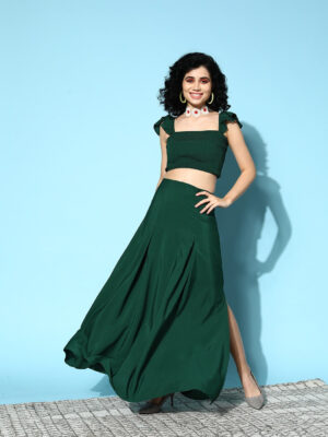 Women Solid Green Square Neck Smocked Crop Top & Thigh-High Slit Maxi Skirt Co-Ord Dress