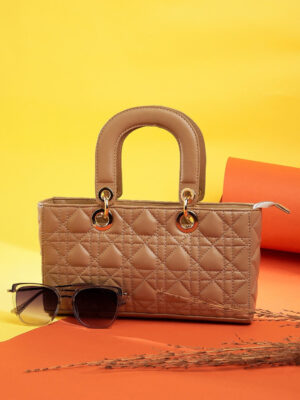 Women Beige Texture & Quilt Structured Handheld Bag