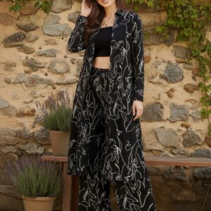 Black & White Abstract Printed Spread Collar Neck Longline Top & Elastic Waist Trousers Co-Ord Set