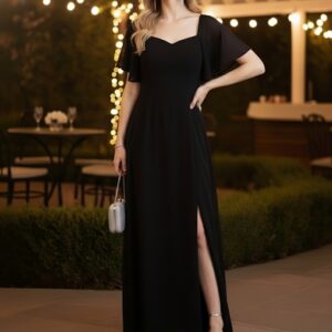 Black Solid Sweetheart Neck A-Line Maxi Dress