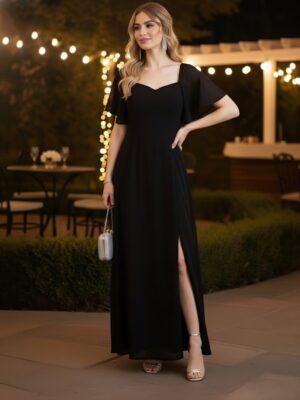 Black Solid Sweetheart Neck A-Line Maxi Dress