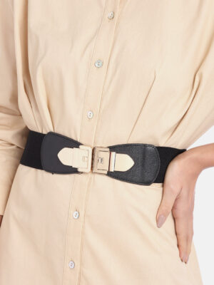 Women Black Elastic Strap Golden Lock Concho Buckle Belt