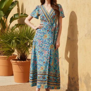 Blue & Multicolour Floral Printed V-Neck Waist Tie-Up Thigh-High Slit Flared Wrap Maxi Dress