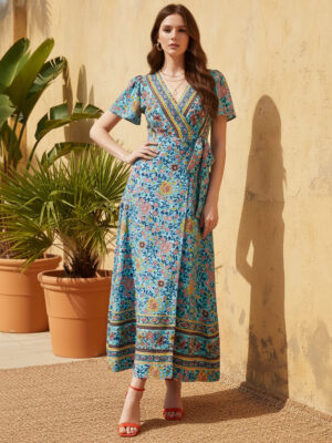 Blue & Multicolour Floral Printed V-Neck Waist Tie-Up Thigh-High Slit Flared Wrap Maxi Dress
