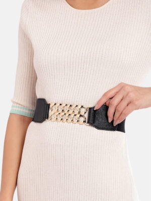 Women Black Elastic Strap Two Chain Buckle Belt