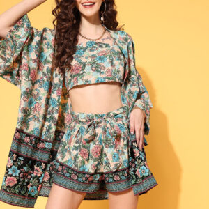 Berrylush Women Beige & Blue Floral Printed Crop Top & Tie-Up Front Shorts With Kimono