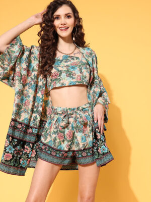 Women Beige & Blue Floral Printed Crop Top & Tie-Up Front Shorts With Kimono