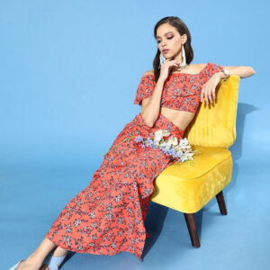 Berrylush Women Orange Floral Printed Off-Shoulder Co-Ordinate Maxi Dress