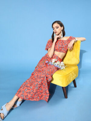 Women Orange Floral Printed Off-Shoulder Co-Ordinate Maxi Dress