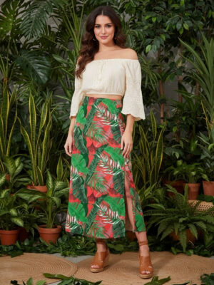 Red & Green Tropical Printed High-Rise Waist Straight Hem Thigh-High Slit A-Line Maxi Skirt