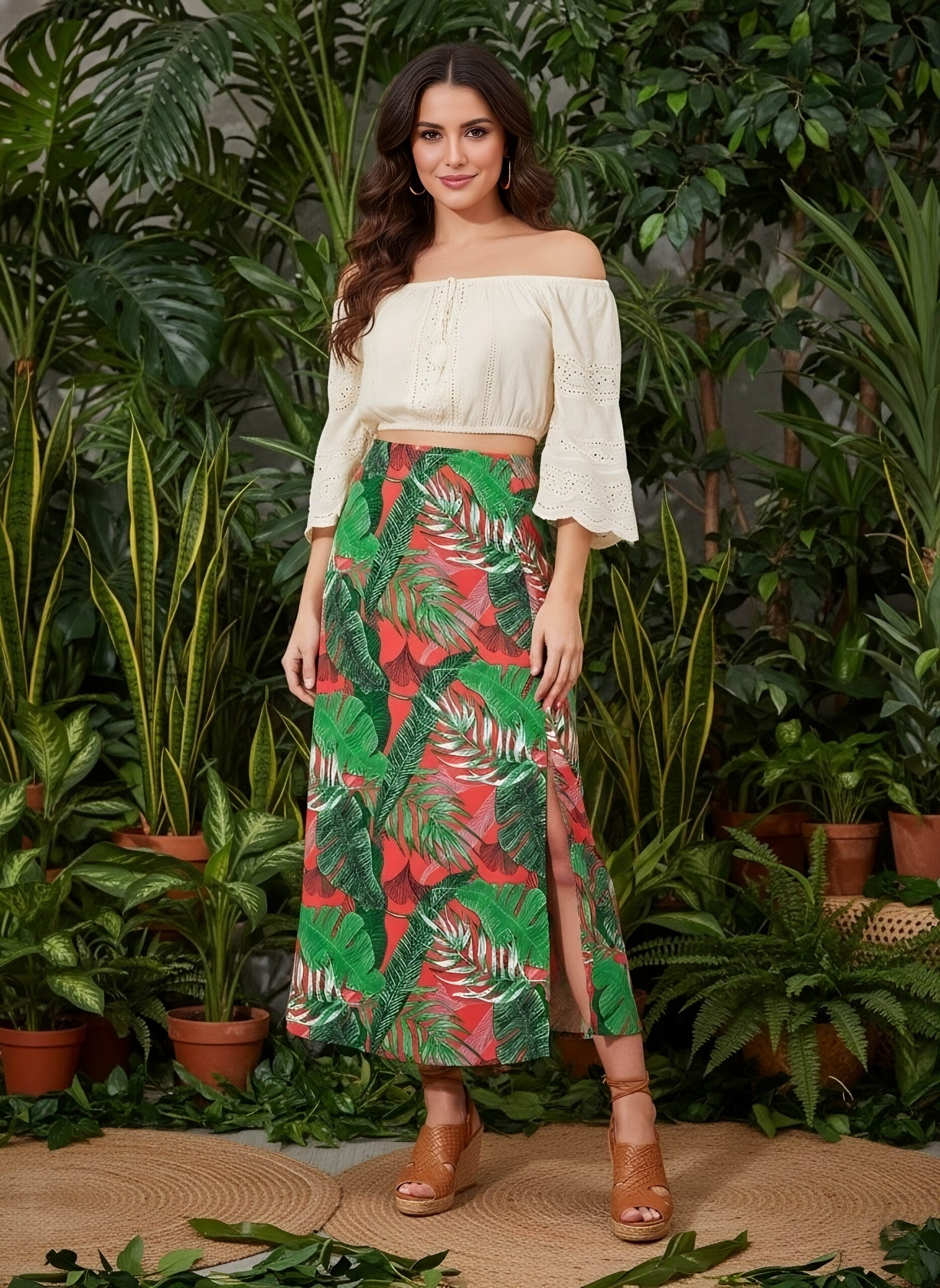 Red & Green Tropical Printed High-Rise Waist Straight Hem Thigh-High Slit A-Line Maxi Skirt