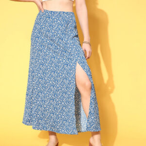 Berrylush Women Blue & White Ditsy Floral Printed High-Rise Waist Side-Slit Flared A-Line Maxi Skirt