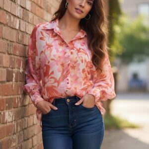 Pink Floral Print Spread Collar Long Sleeves Casual Regular Shirt