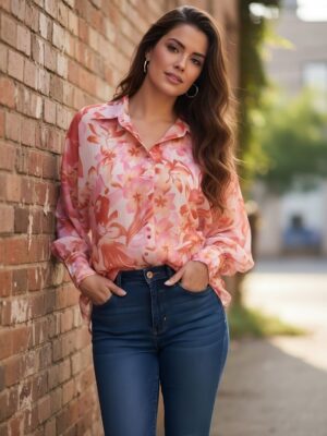 Pink Floral Print Spread Collar Long Sleeves Casual Regular Shirt