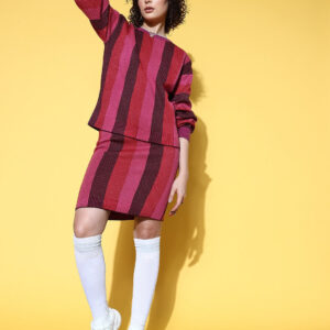 Berrylush Women Pink & Burgundy Striped Pattern Round Neck Acrylic Regular Sweater & Mini Skirt Co-Ord Set