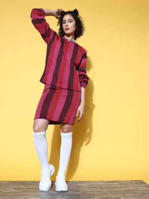 Women Pink & Burgundy Striped Pattern Round Neck Acrylic Regular Sweater & Mini Skirt Co-Ord Set