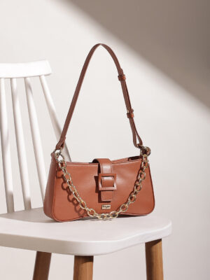 Women Solid Brown PU Cut-Work Zipper-Up Structured Regular Shoulder Bag