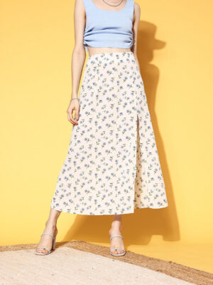 Women White & Blue Floral Printed Thigh-High Slit Flared A-Line Midi Skirt