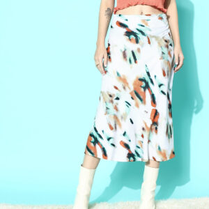 White & Multicolour Abstract Printed High-Rise Waist Flared A-Line Midi Skirt