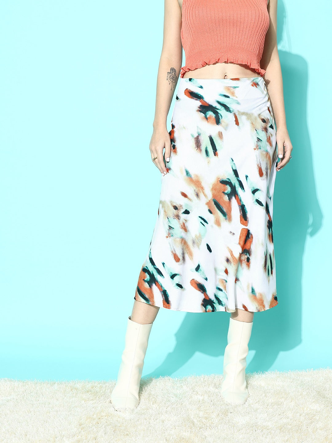 White & Multicolour Abstract Printed High-Rise Waist Flared A-Line Midi Skirt