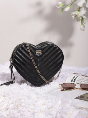 Women Solid Black Quilted Pattern PU Detachable Sling Strap Heart Structured Regular Sling Bag