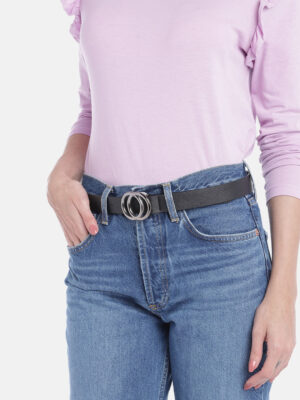 Women Solid Black Synthetic Leather Push Pin Slim Regular Belt