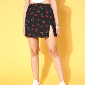 Berrylush Women Black & Red Cherry Printed Front Slit Straight Hem A-Line Mini Skirt