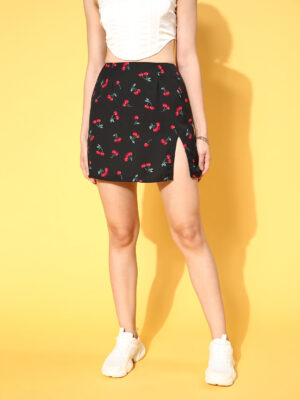 Women Black & Red Cherry Printed Front Slit Straight Hem A-Line Mini Skirt