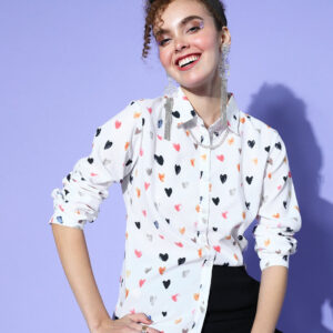 Berrylush Women White Heart Printed Spread Collar Neck Front Button Curved Hem Regular Shirt