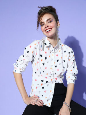 Women White Heart Printed Spread Collar Neck Front Button Curved Hem Regular Shirt