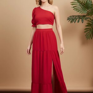 Solid Red One-Shoulder Neck Puff Sleeves Cropped Top & High-Rise Waist Thigh-High Slit Pleated Maxi Skirt Co-Ord Set