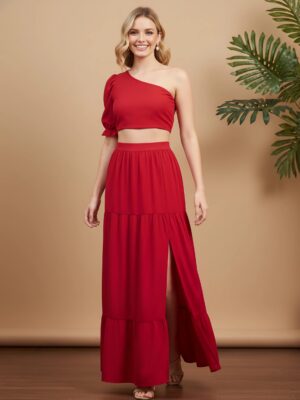 Solid Red One-Shoulder Neck Puff Sleeves Cropped Top & High-Rise Waist Thigh-High Slit Pleated Maxi Skirt Co-Ord Set