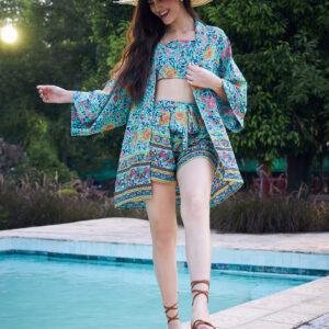 Blue & Pink Tropical Printed Square Neck Crop Top & Tie-Up Front Shorts With Shrug