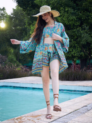 Blue & Pink Tropical Printed Square Neck Crop Top & Tie-Up Front Shorts With Shrug