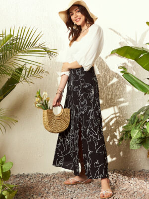 Black & White Abstract Printed High-Rise Waist Zipper-Up Straight Hem Thigh-High Slit A-Line Maxi Skirt