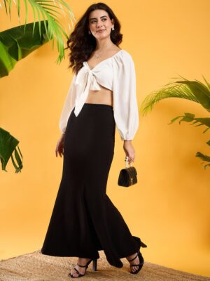 Solid Black High-Rise Waist Slip-On Flutter Hem Knitted A-Line Maxi Skirt