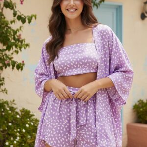 Purple & White Abstract Polka Dot Printed Square Neck Crop Top & Tie-Up Front Mini Shorts With Shrug