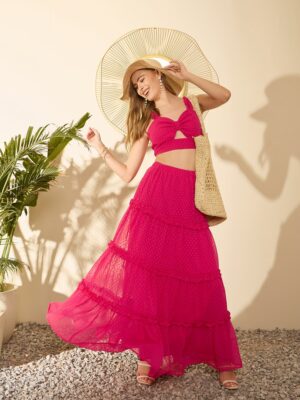 Solid Pink Dobby Weave Sweetheart Neck Front Cutout Twisted Crop Top & High-Rise Flared Maxi Skirt Co-Ord Set