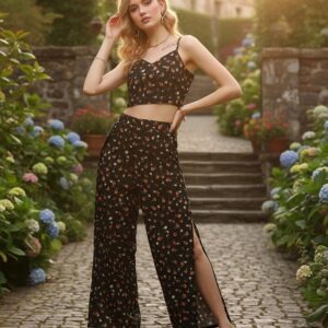 Berrylush Women Black & Orange Floral Printed V-Neck Crop Top & Side-Slit Trousers Co-Ord Set