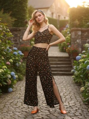 Women Black & Orange Floral Printed V-Neck Crop Top & Side-Slit Trousers Co-Ord Set