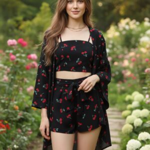 Berrylush Women Black & Red Cherry Printed Square Neck Crop Top & Tie-Up Front Shorts With Shrug