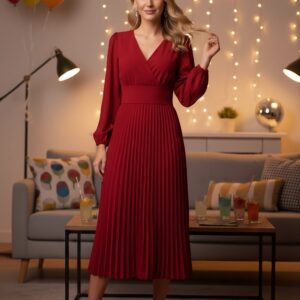 Solid Red V-Neck Puff Sleeves Wrap Pleated A-Line Midi Dress