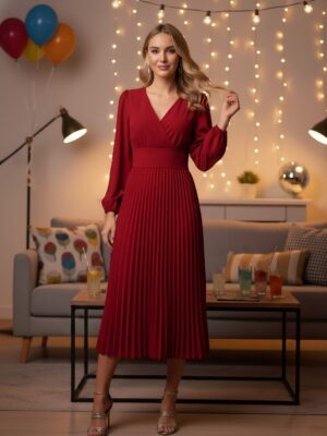 Solid Red V-Neck Puff Sleeves Wrap Pleated A-Line Midi Dress