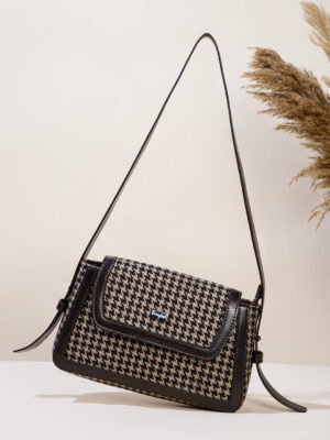 Brown & White Houndstooth Printed Cotton Embellished Regular Sling Bag
