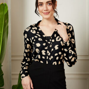 BIZwear Black & Beige Animal Printed Spread Collar Neck Button-Up Straight Hem Regular Shirt