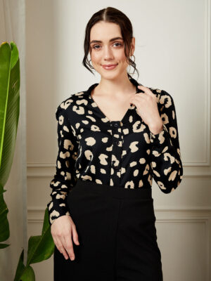BIZwear Black & Beige Animal Printed Spread Collar Neck Button-Up Straight Hem Regular Shirt