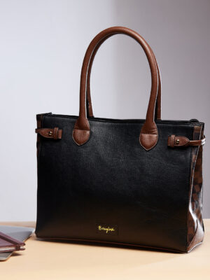 Women Solid Black & Brown Side Checked Pattern PU Regular Tasselled Tote Shoulder Bag