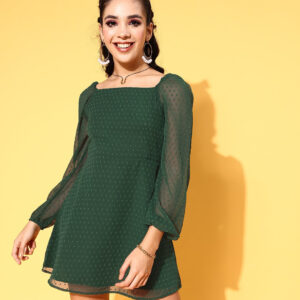 Berrylush Women Green Self-Design Pattern Square Neck Flared A-Line Mini Dress