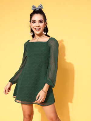 Women Green Self-Design Pattern Square Neck Flared A-Line Mini Dress